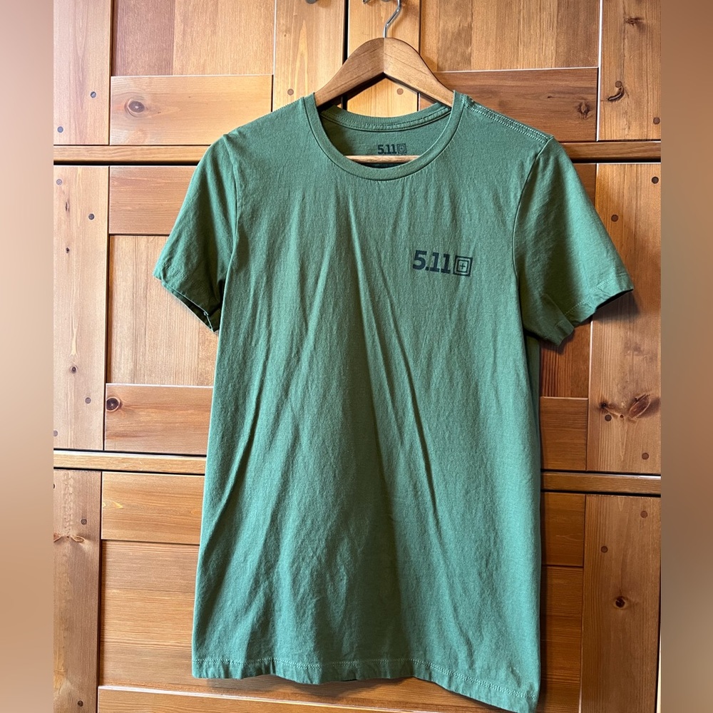 5.11 tshirt, green with a black design and lettering size small